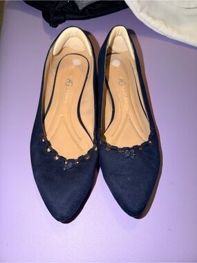 Aquatalia Navy Suede Pointed-Toe Flats with Braided Trim